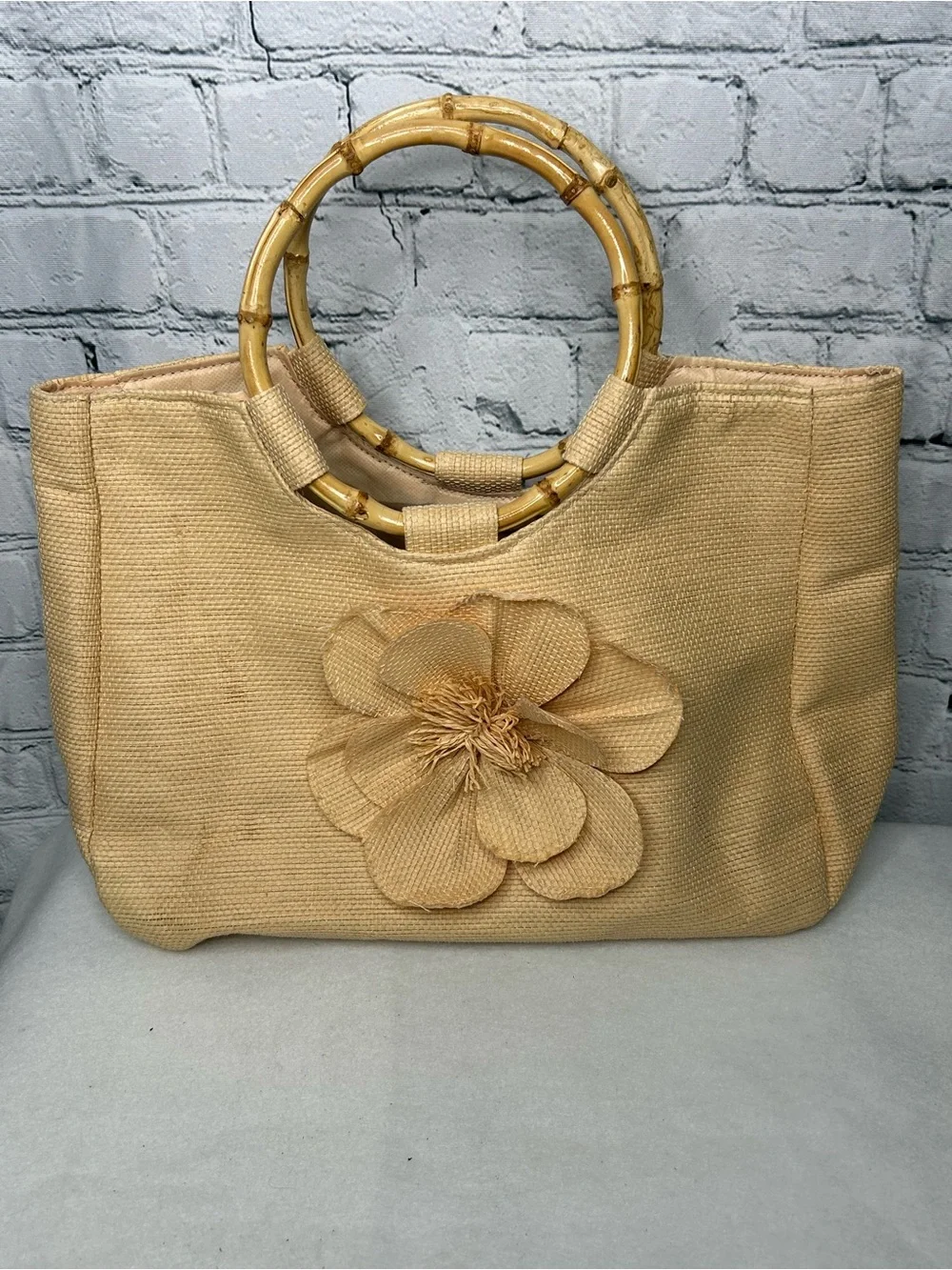 Neiman Marcus Beige Straw Tote with Bamboo Ring Handles